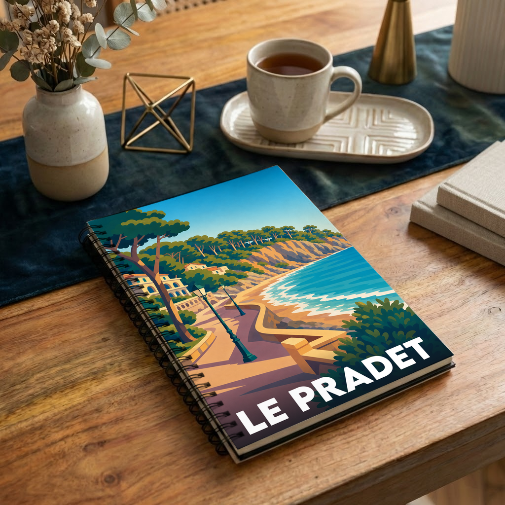 Carnet à spirales souvenir de la ville du Pradet avec une illustration stylisée de son littoral.