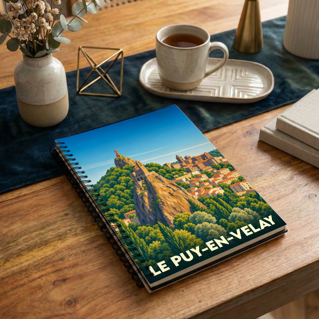 Carnet souvenir de la ville de Le Puy-en-Velay avec une illustration stylisée de ses monuments emblématiques.