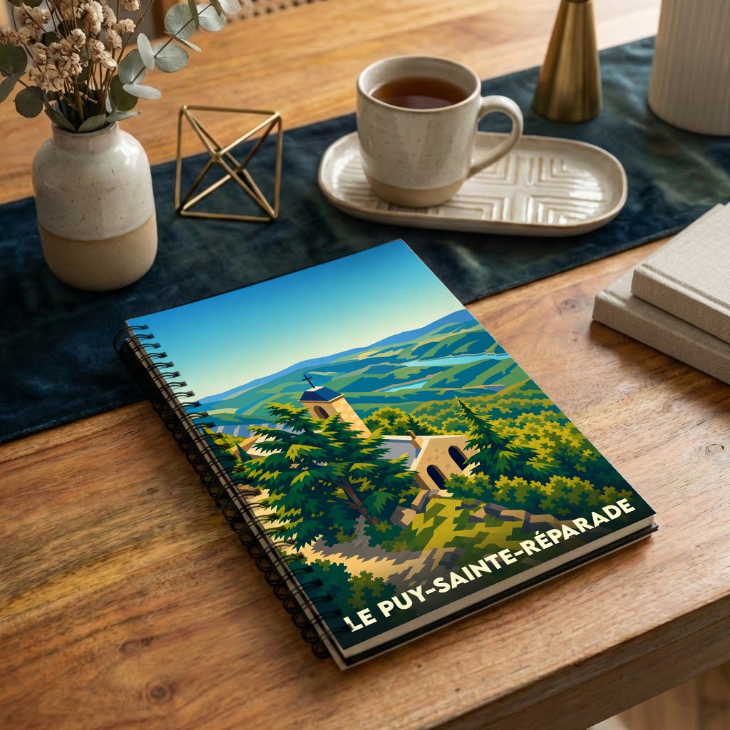 Carnet de notes à spirales souvenir de Le Puy-Sainte-Réparade avec une illustration graphique de paysages provençaux.