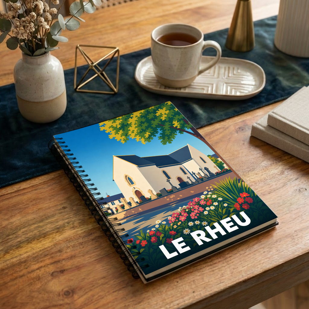 Carnet à spirales souvenir de la ville de Le Rheu avec une illustration stylisée de son église.