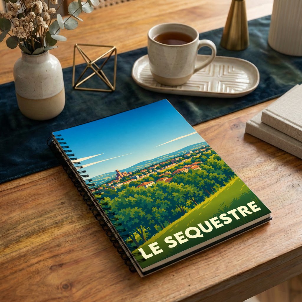 Carnet à spirales souvenir de la ville du Sequestre avec une illustration stylisée de son paysage urbain.