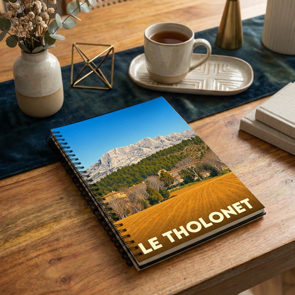 Carnet à spirales souvenir de la ville de Le Tholonet illustré d'un paysage provençal stylisé.