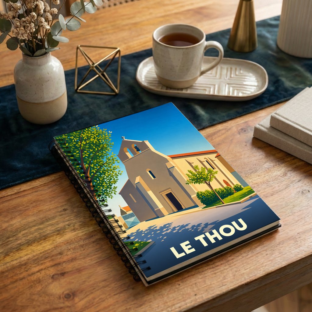 Carnet souvenir de la ville de Le Thou avec une illustration stylisée de son église.
