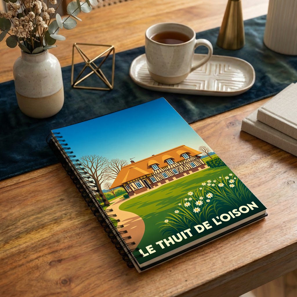 Carnet à spirale souvenir de la ville de Le Thuit de l'Oison avec une illustration stylisée d'une maison traditionnelle normande.