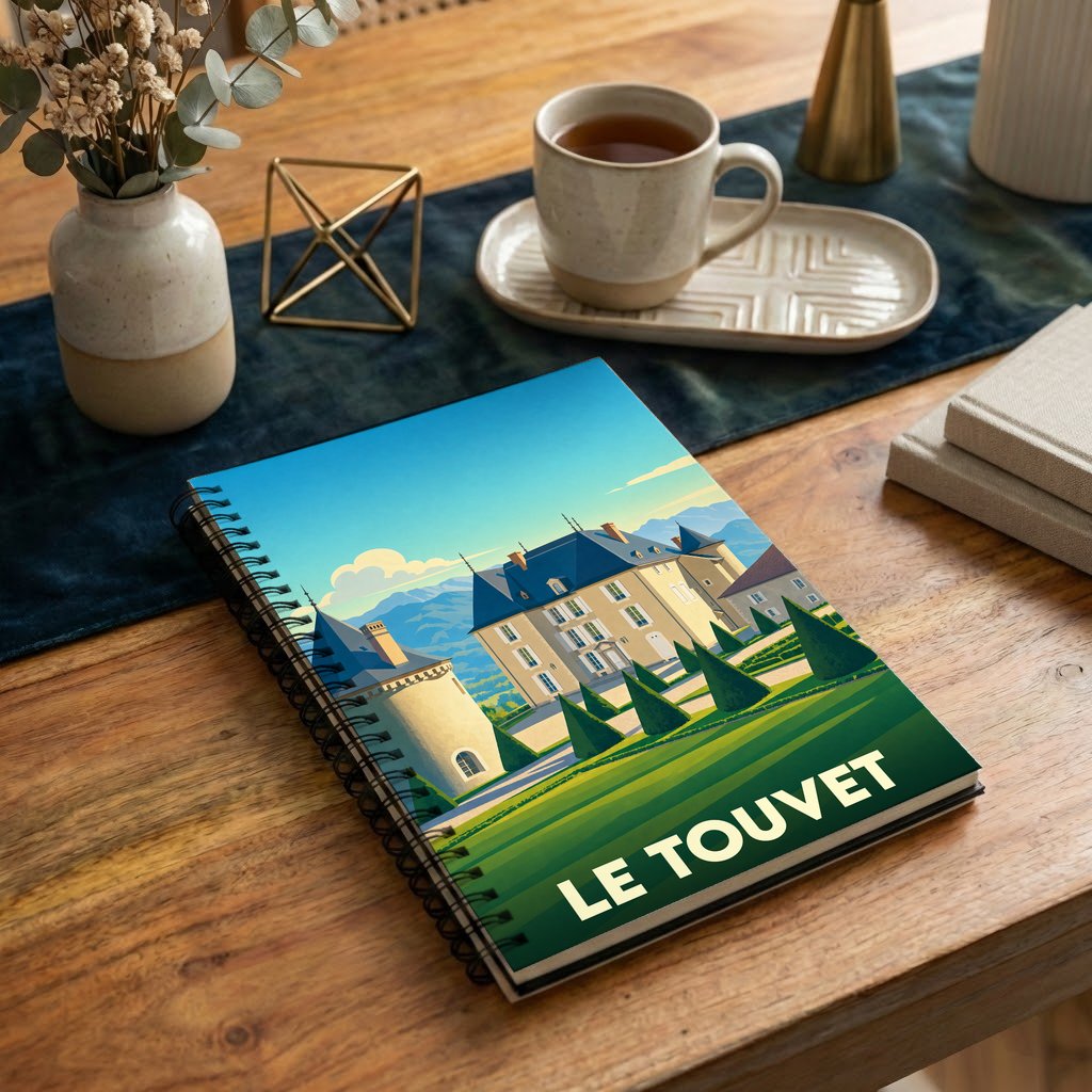 Carnet à spirales souvenir de la ville de Le Touvet avec une illustration stylisée de son château.