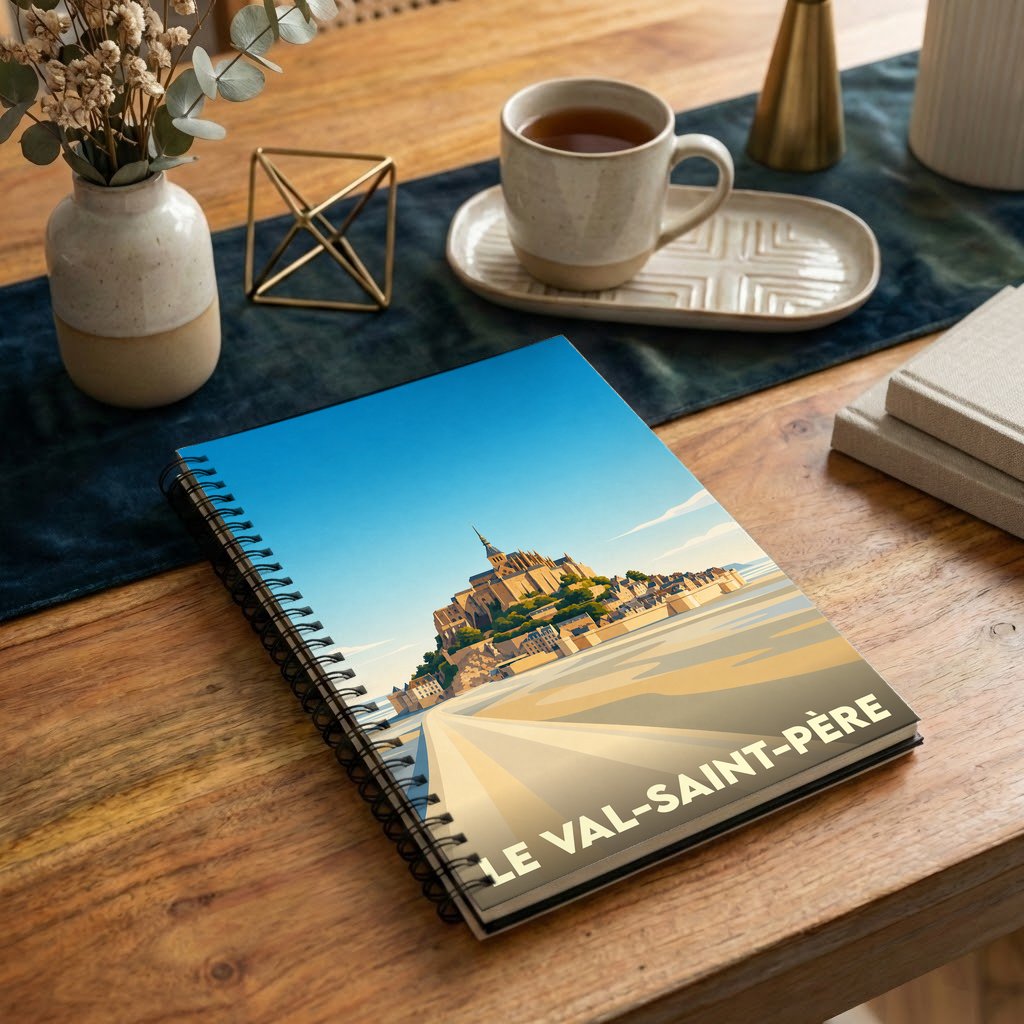 Carnet à spirales souvenir de la ville de Le Val-Saint-Père avec une illustration stylisée du Mont-Saint-Michel.