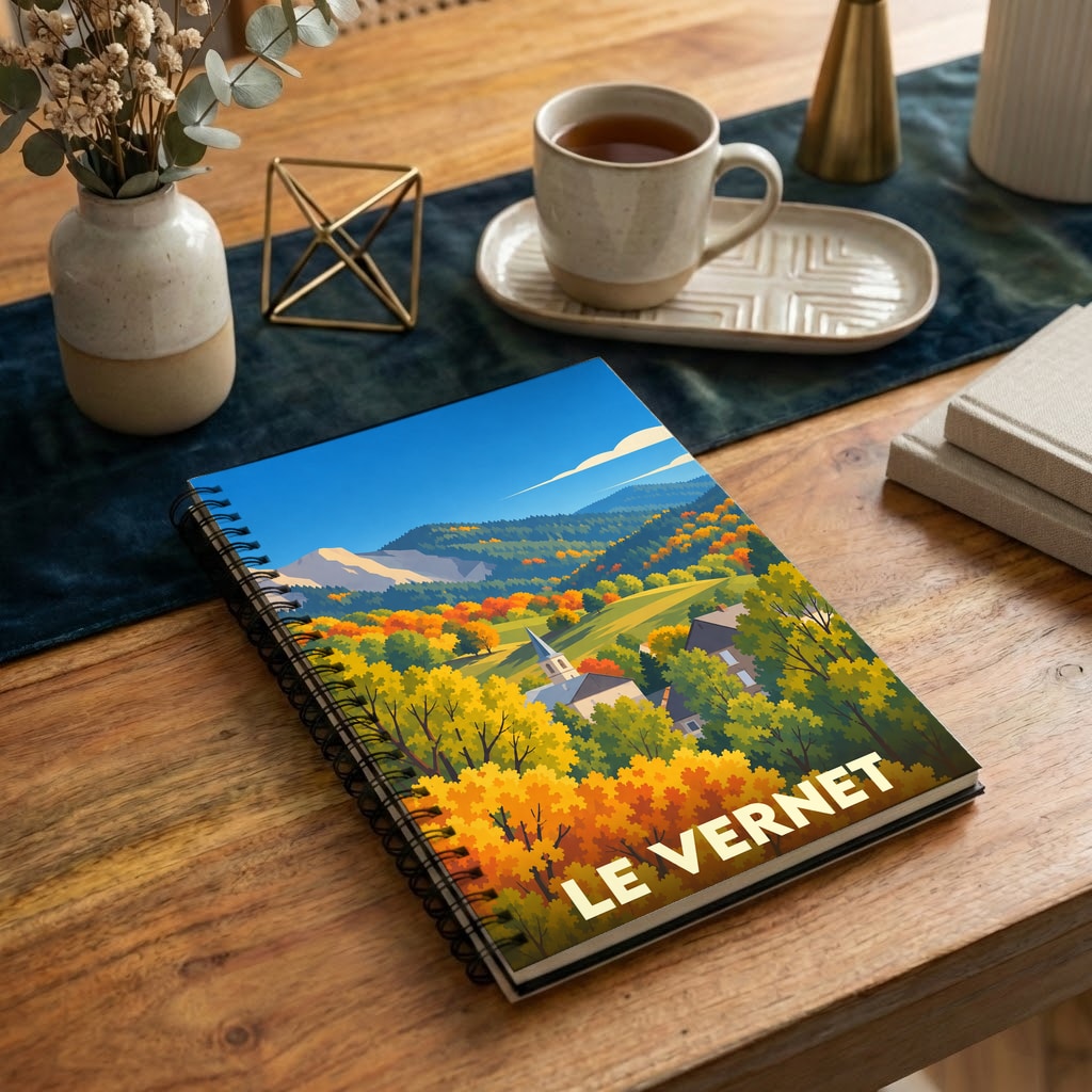 Carnet à spirales souvenir de la ville de Le Vernet avec une illustration stylisée de paysages montagneux en automne.