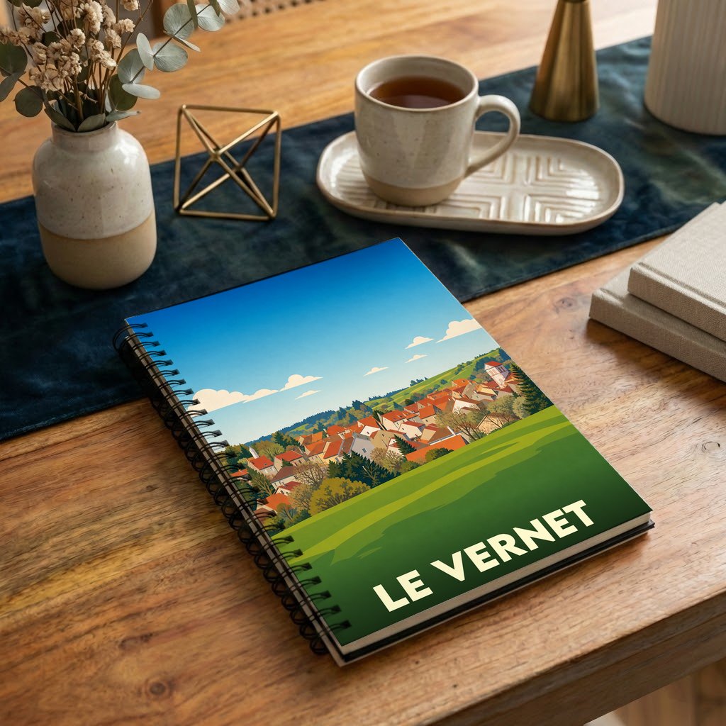 Carnet à spirales souvenir de la ville de Le Vernet avec une illustration stylisée d'un village niché dans les collines.