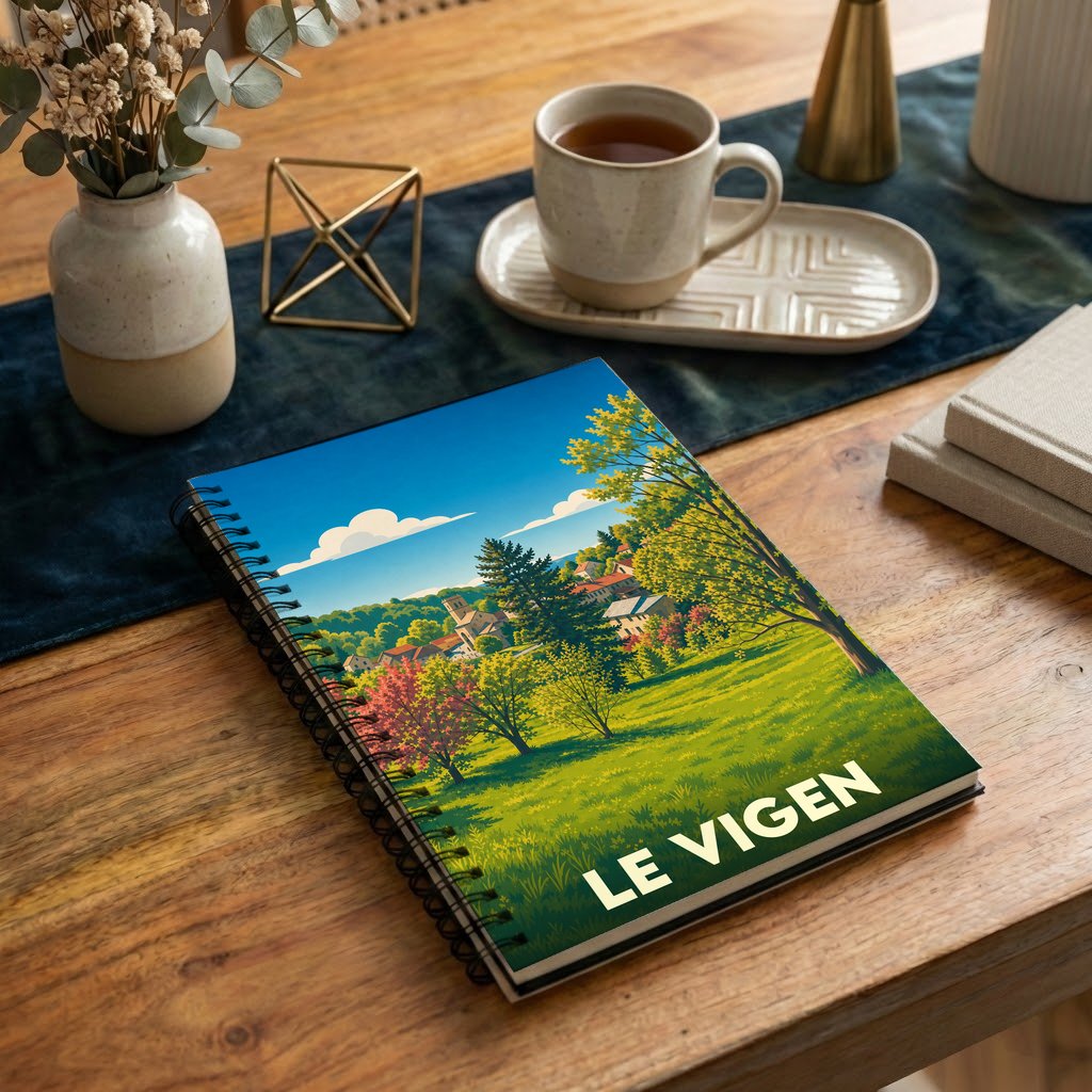 Carnet souvenir de la ville de Le Vigen avec une illustration stylisée de son paysage vallonné.