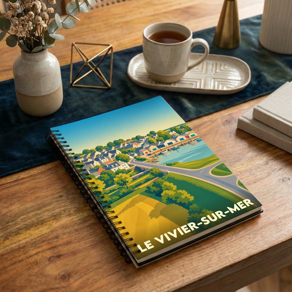 Carnet souvenir de la ville du Vivier-sur-Mer avec une illustration stylisée.