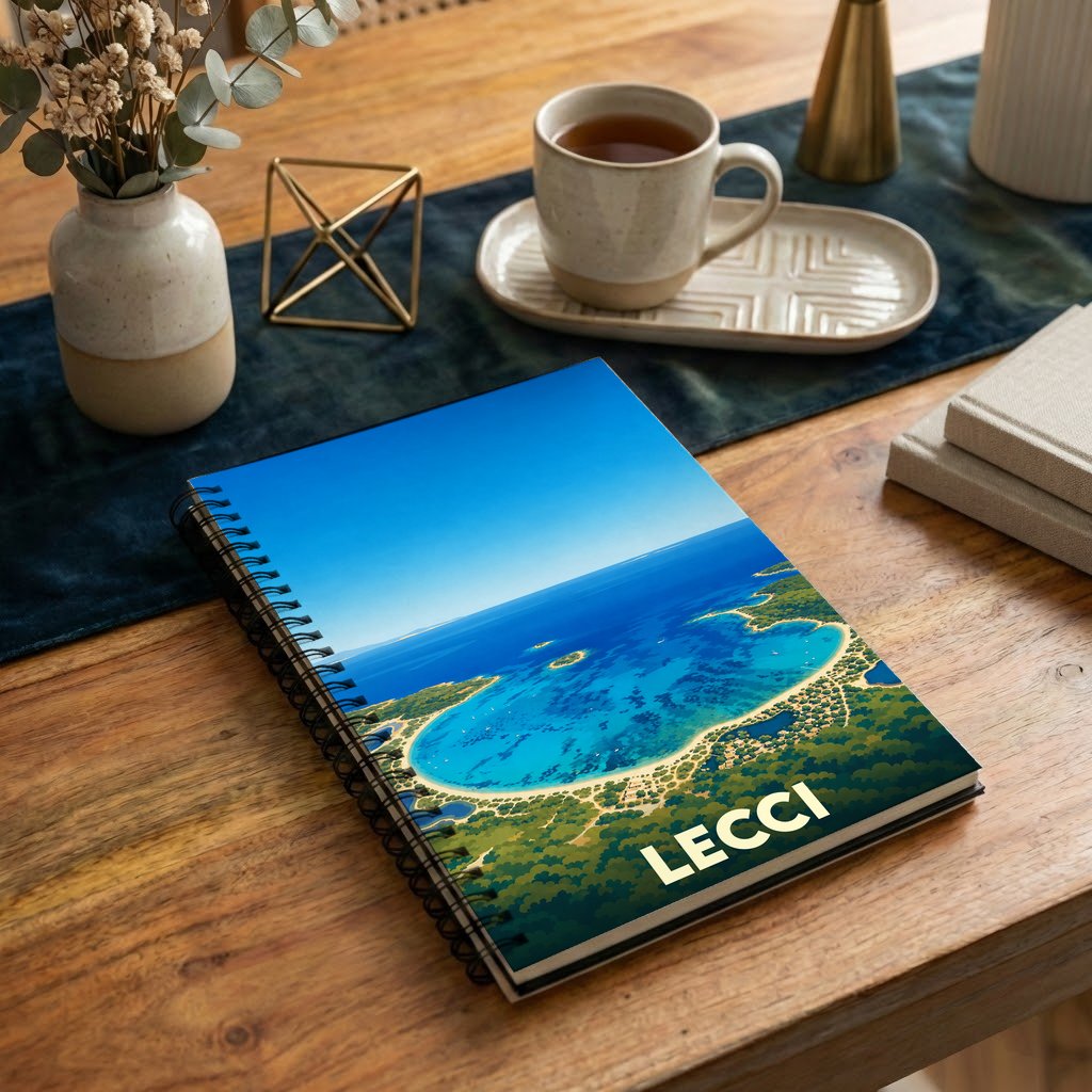 Carnet souvenir de la ville de Lecci avec une illustration stylisée d'une baie méditerranéelle.