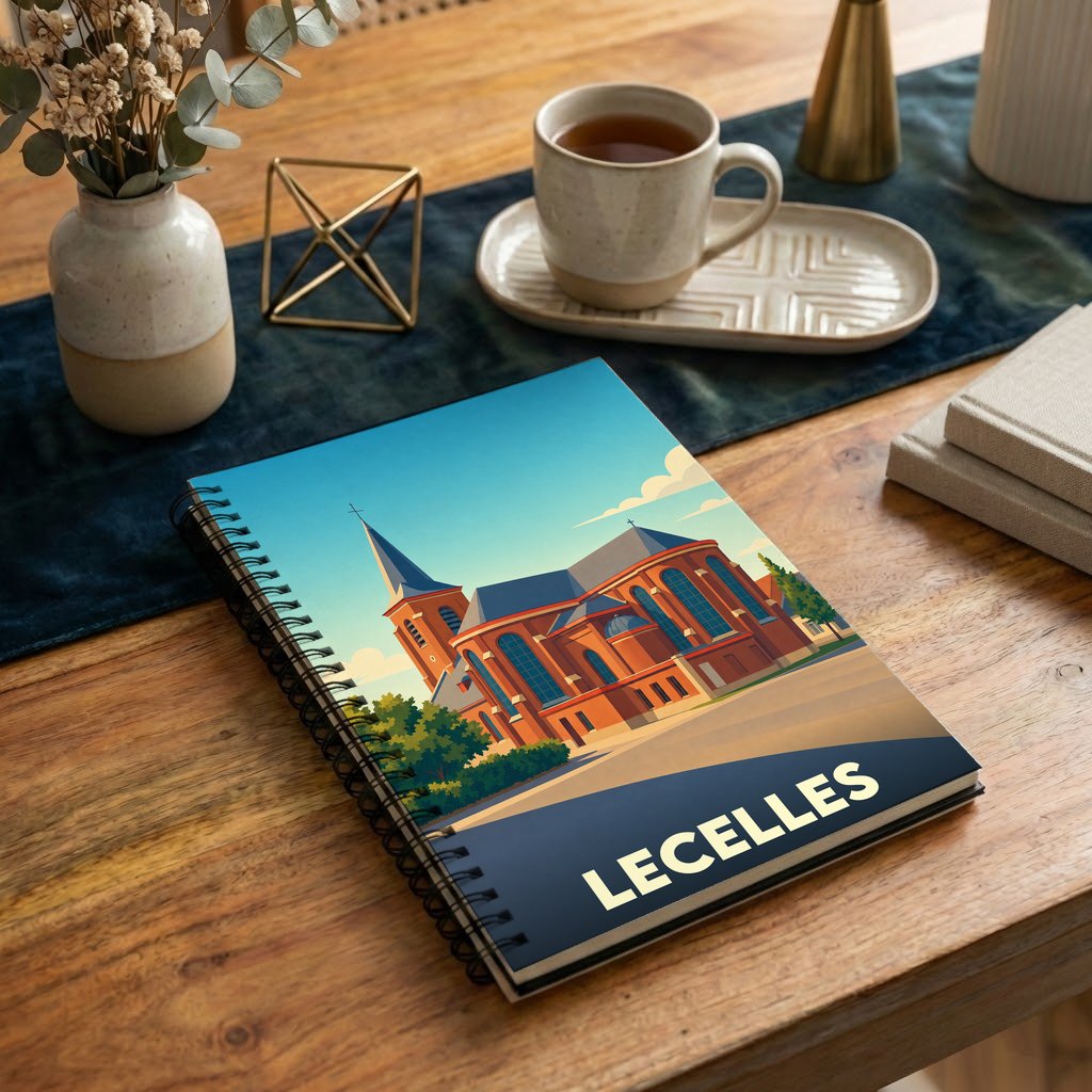 Carnet souvenir de la ville de Lecelles avec une illustration stylisée de son église.