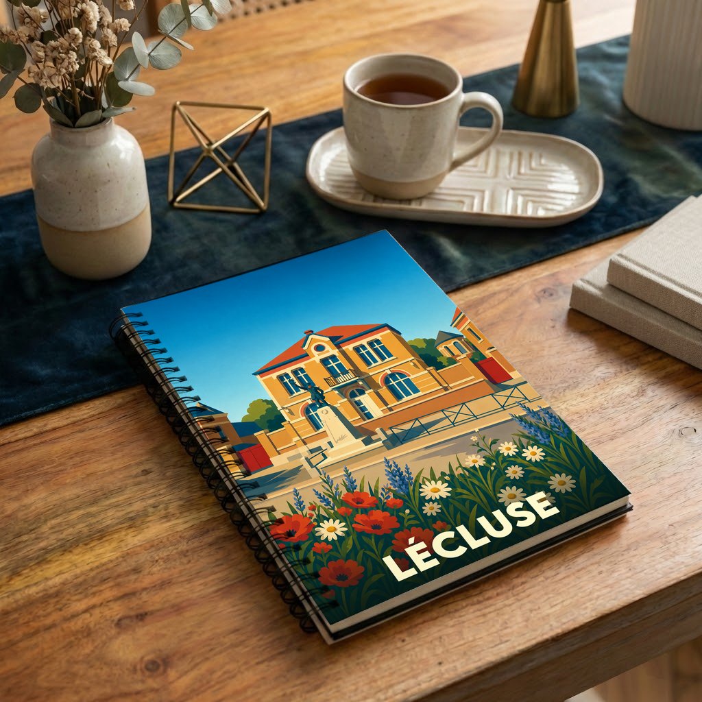 Carnet souvenir de la ville de Lécluse avec une illustration stylisée et colorée.
