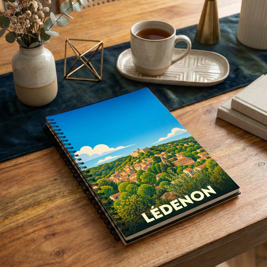 Carnet à spirales souvenir de la ville de Lédenon avec une illustration stylisée de son paysage vallonné.