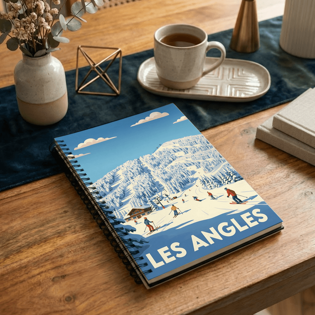 Carnet souvenir de la ville de Les Angles avec une illustration stylisée de station de ski.