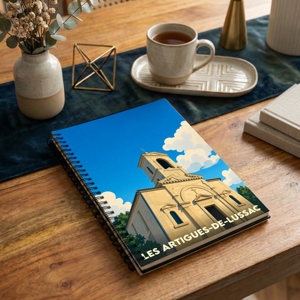 Carnet souvenir de la ville de Les Artigues-de-Lussac avec une illustration stylisée de son église.