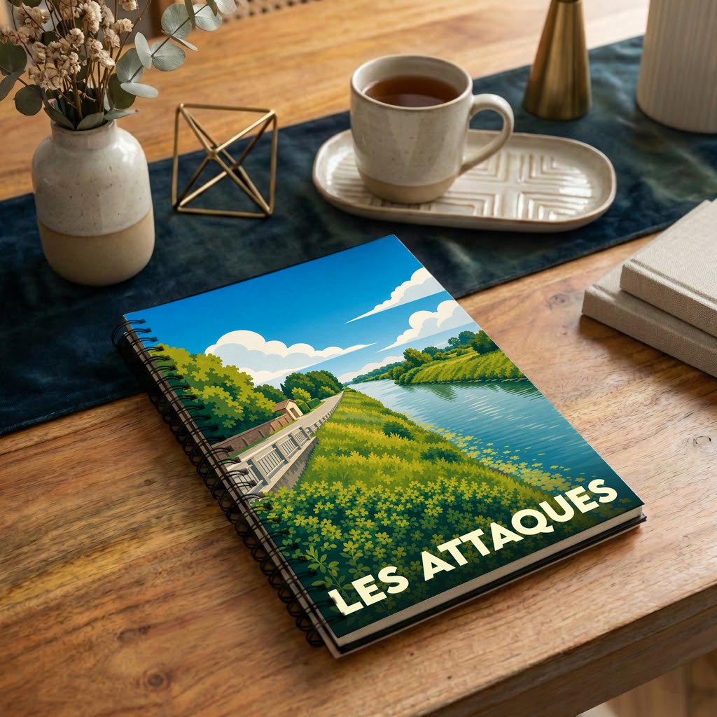 Carnet souvenir de la ville de Les Attaques avec une illustration stylisée d'un paysage de canal.