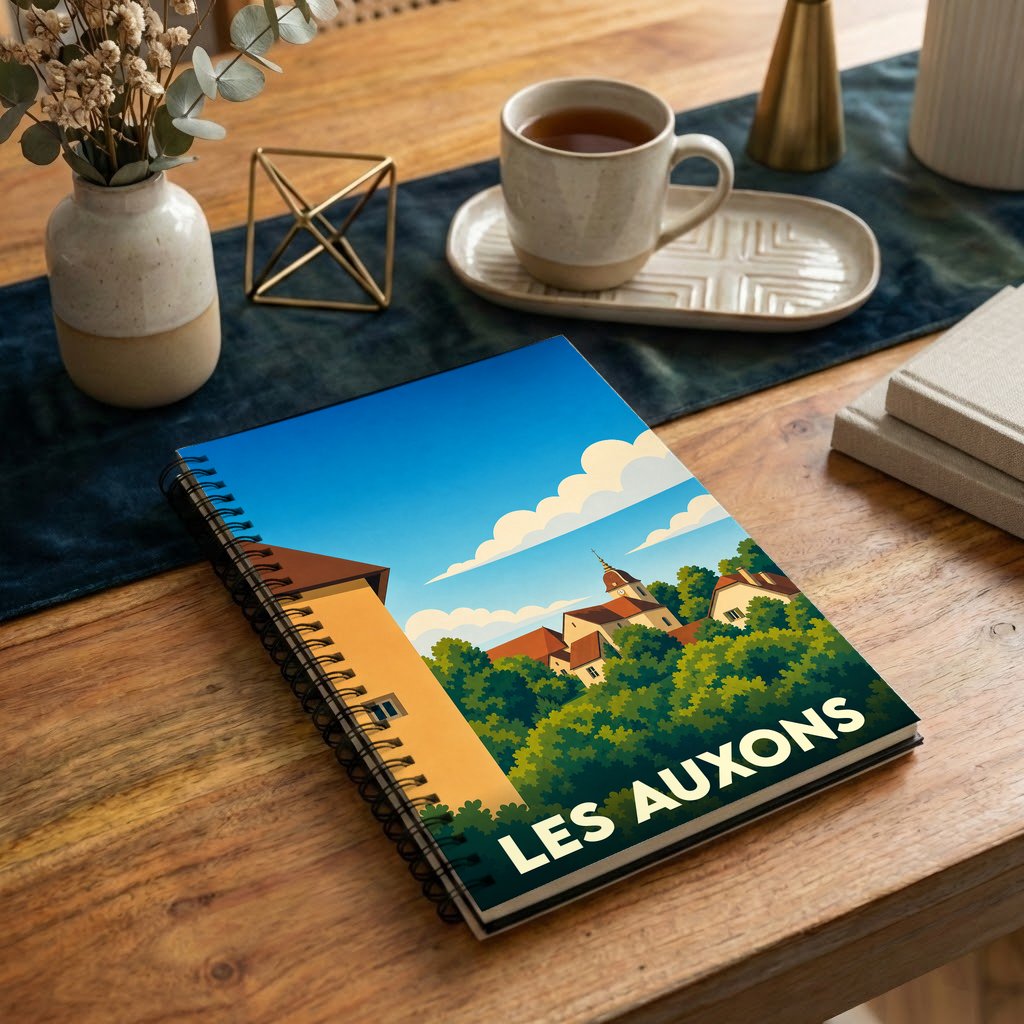 Carnet de notes souvenir de la ville de Les Auxons avec une illustration stylisée.