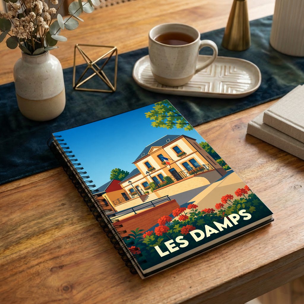 Carnet de notes souvenir de la ville de Les Damps avec une illustration stylisée et colorée.