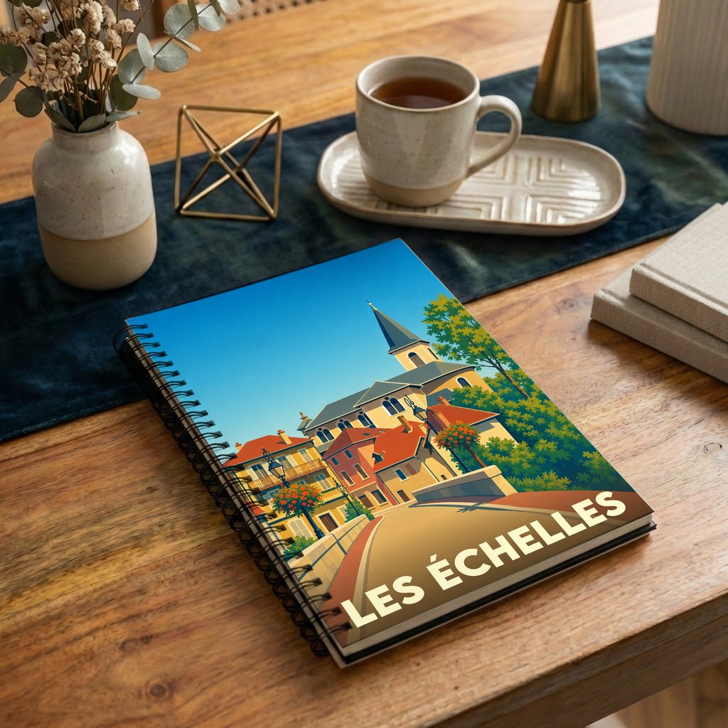 Carnet à spirales souvenir de la ville de Les Échelles avec une illustration stylisée.