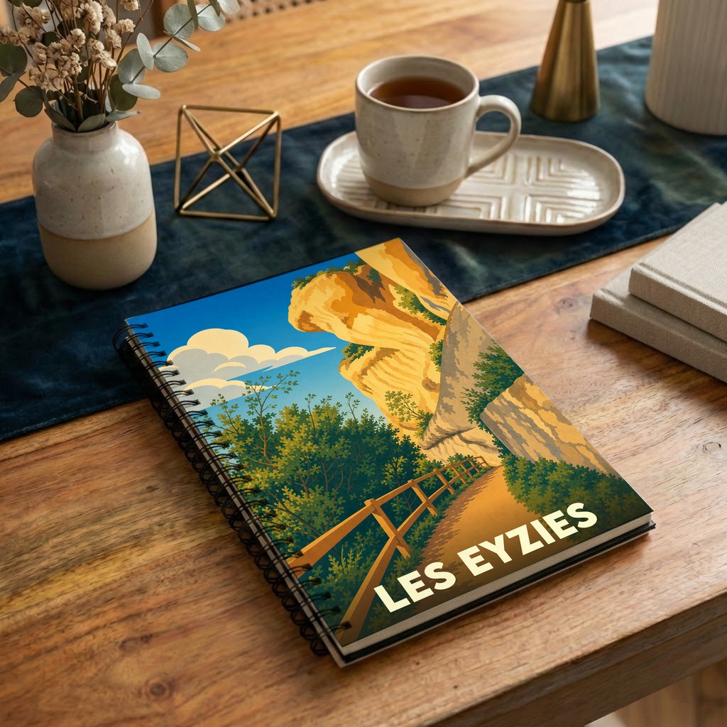 Carnet à spirales souvenir de la ville de Les Eyzies avec une illustration stylisée de ses falaises.