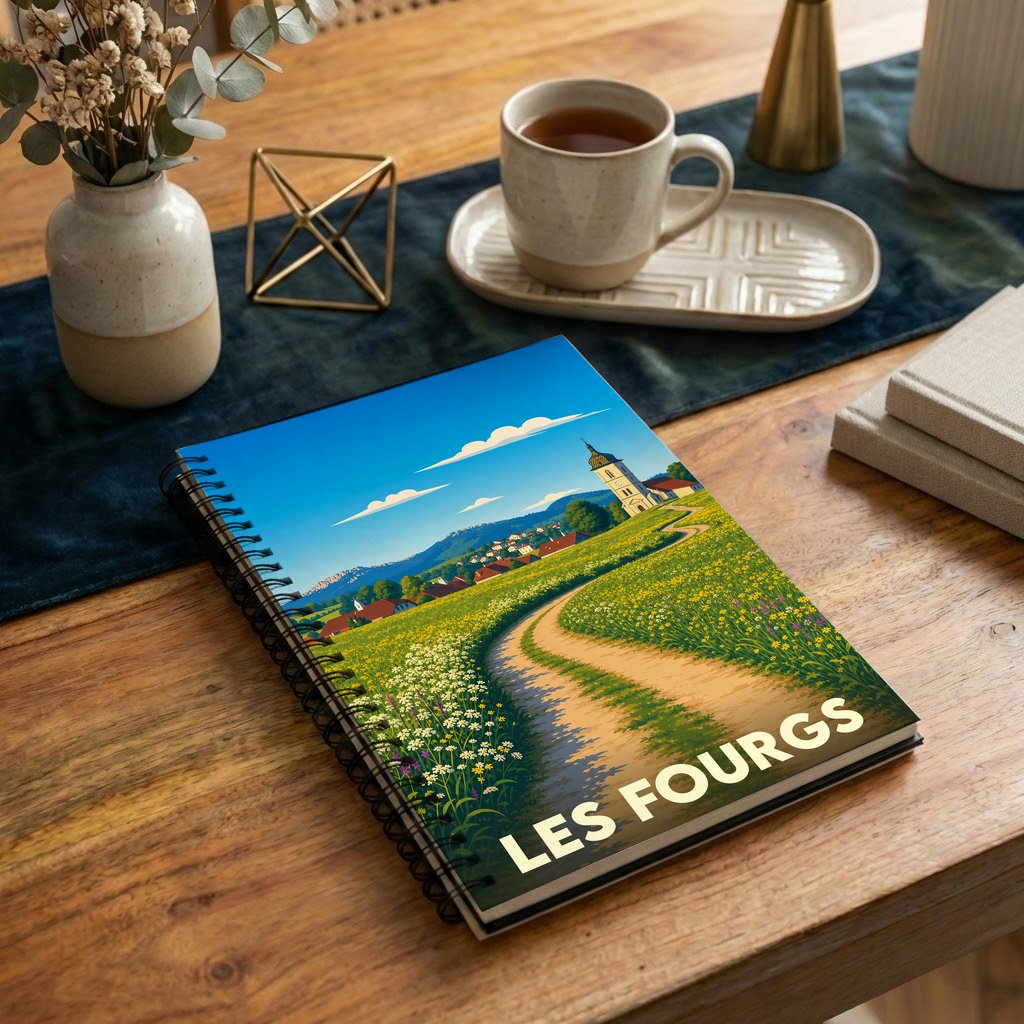 Carnet à spirale souvenir de la ville de Les Fourgs avec une illustration stylisée d'un paysage champêtre.