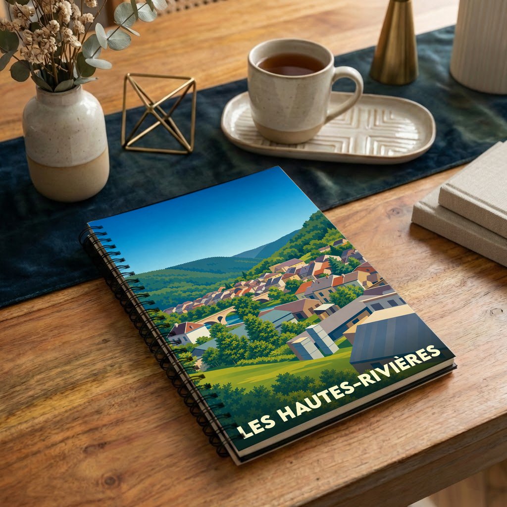 Carnet à spirale souvenir de la ville de Les Hautes-Rivières avec une illustration stylisée de ses paysages.