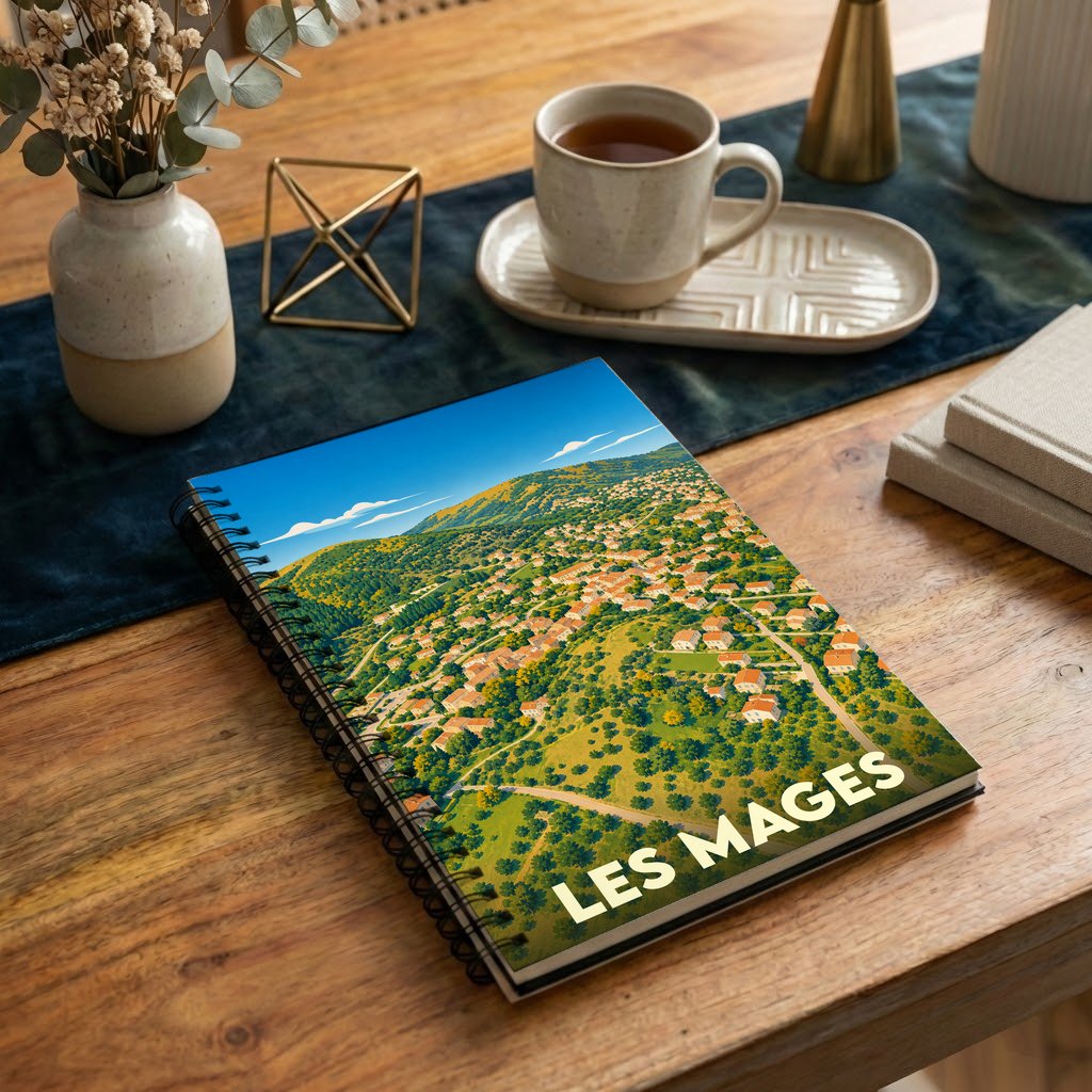 Carnet à spirale souvenir de la ville de Les Mages avec une illustration paysagère stylisée.