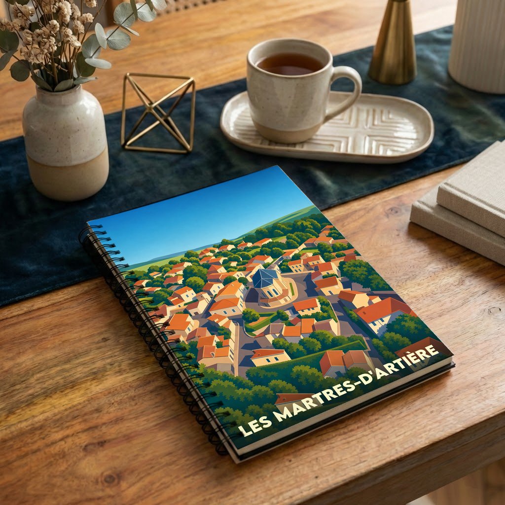 Carnet de notes à spirales souvenir de la ville de Les Martres-d’Artière illustré par une vue aérienne stylisée.