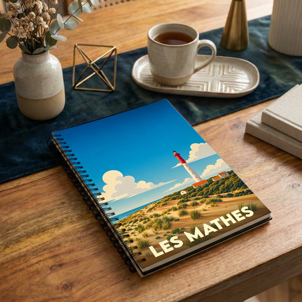 Carnet à spirales souvenir de la ville de Les Mathes avec une illustration stylisée de son phare et des dunes.