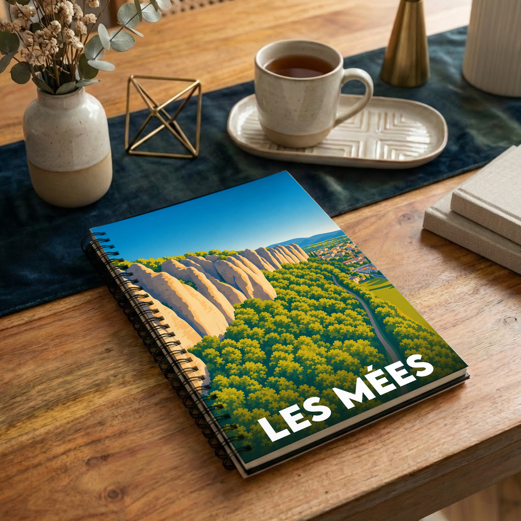 Carnet souvenir de la ville de Les Mées avec une illustration stylisée.