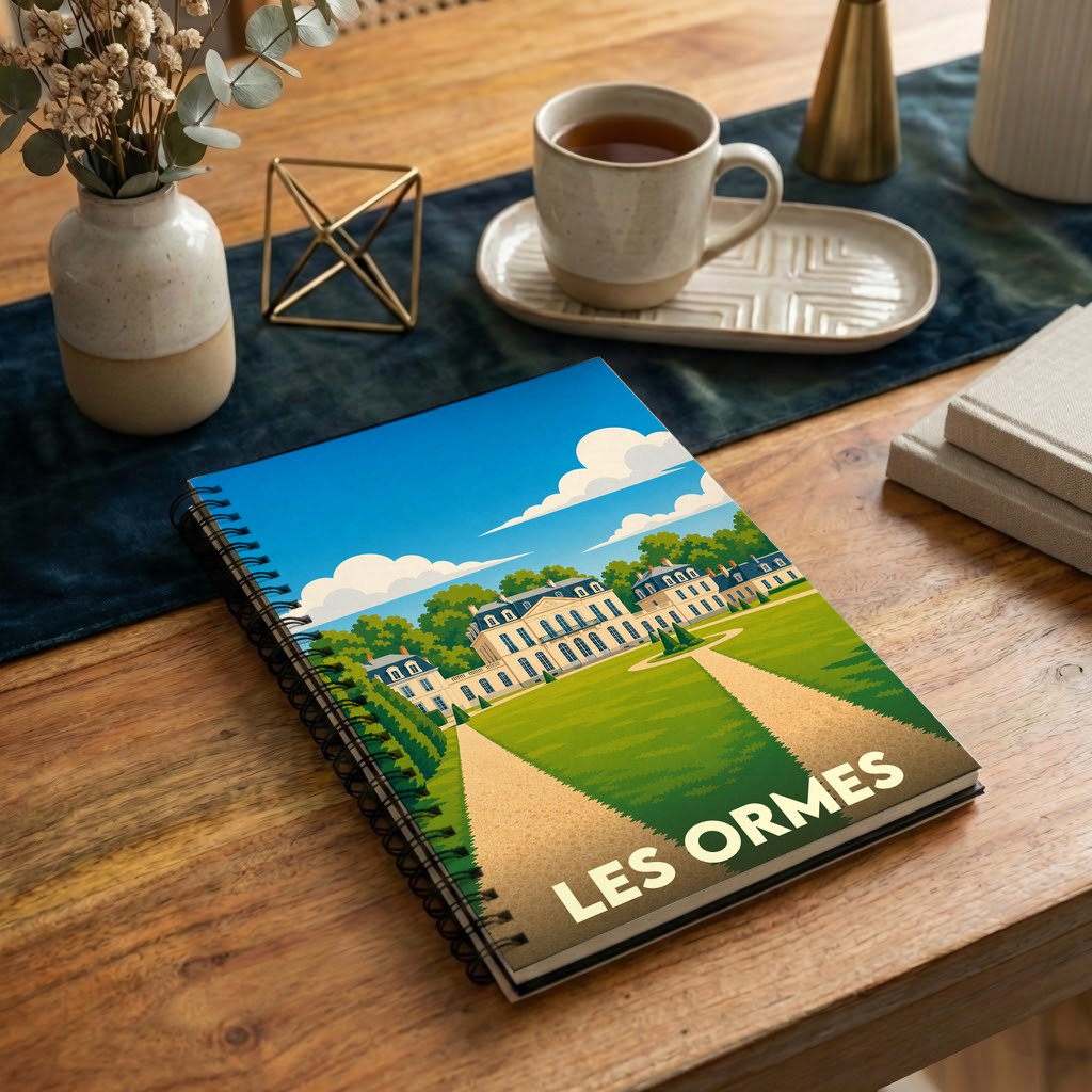 Carnet souvenir de la ville de Les Ormes avec une illustration stylisée.