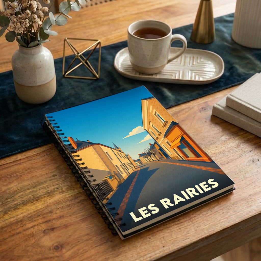 Carnet à spirales souvenir de la ville de Les Rairies avec une illustration stylisée d'une rue ensoleillée.