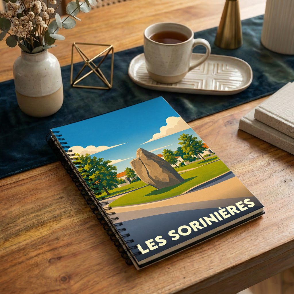Carnet à spirales souvenir de la ville de Les Sorinières avec une illustration stylisée d'un menhir dans un parc.