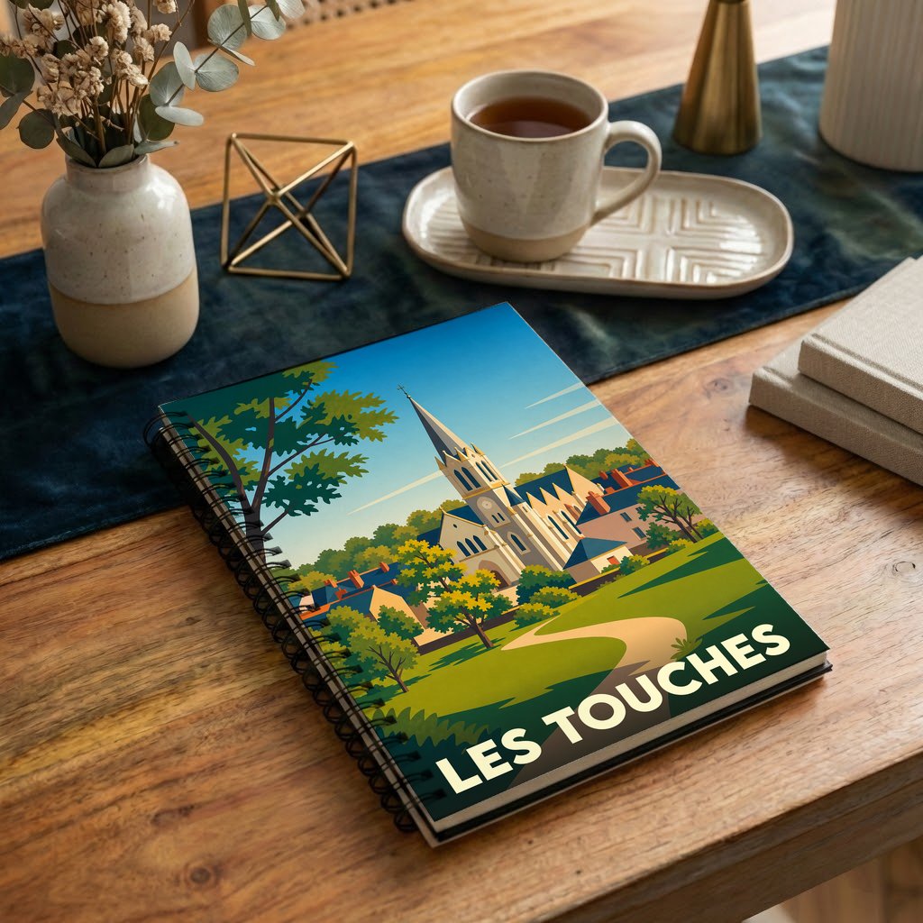 Carnet souvenir de la ville de Les Touches illustré d'un paysage stylisé avec son église.