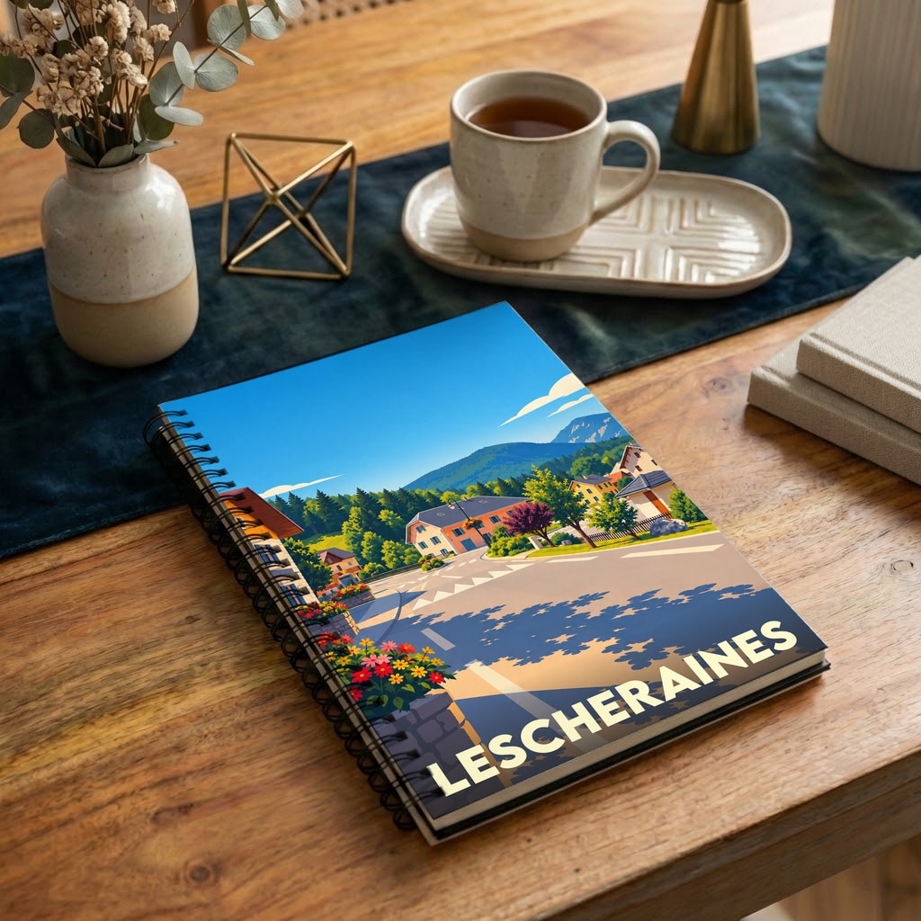 Carnet à spirales souvenir de la ville de Lescheraines avec une illustration stylisée d'un paysage montagneux.