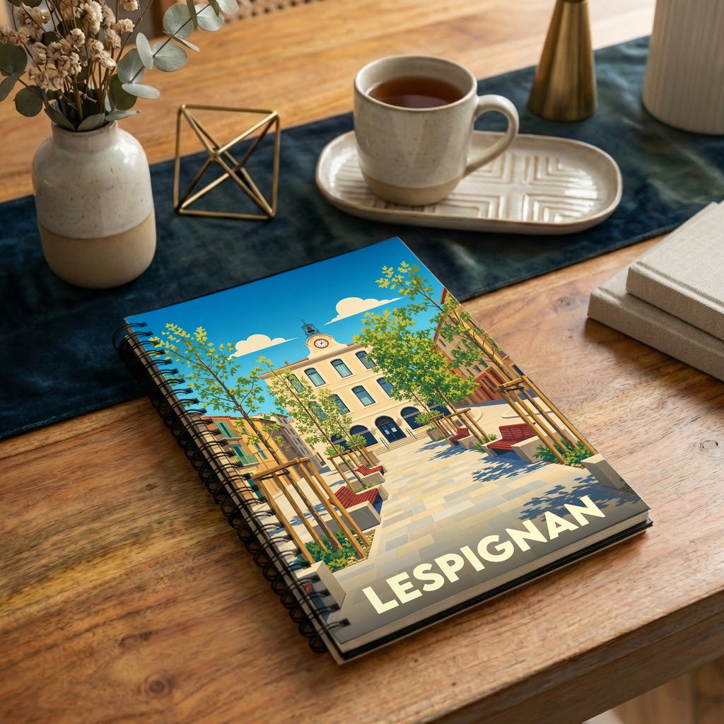 Carnet souvenir de la ville de Lespignan avec une illustration colorée et stylisée de sa place centrale.