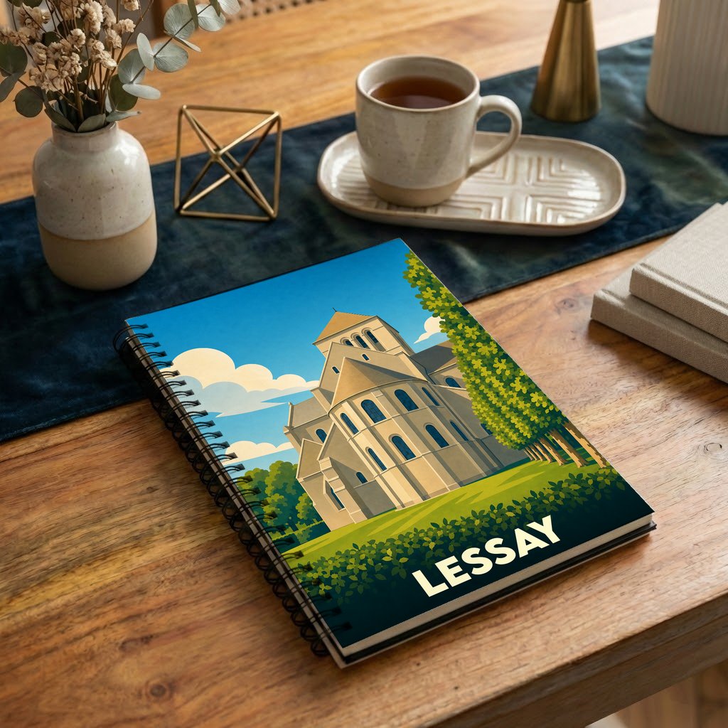 Carnet à spirales souvenir de la ville de Lessay avec une illustration stylisée de son abbaye.