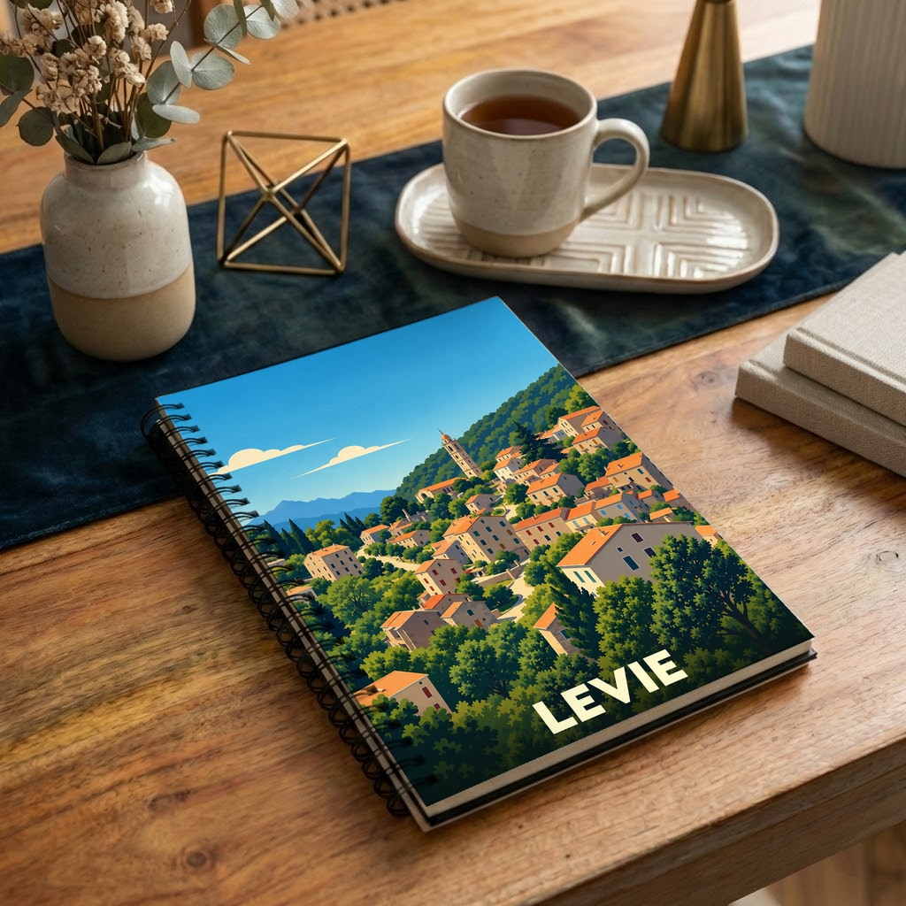 Carnet souvenir de la ville de Levie avec une illustration stylisée d'un village corse en bord de mer.