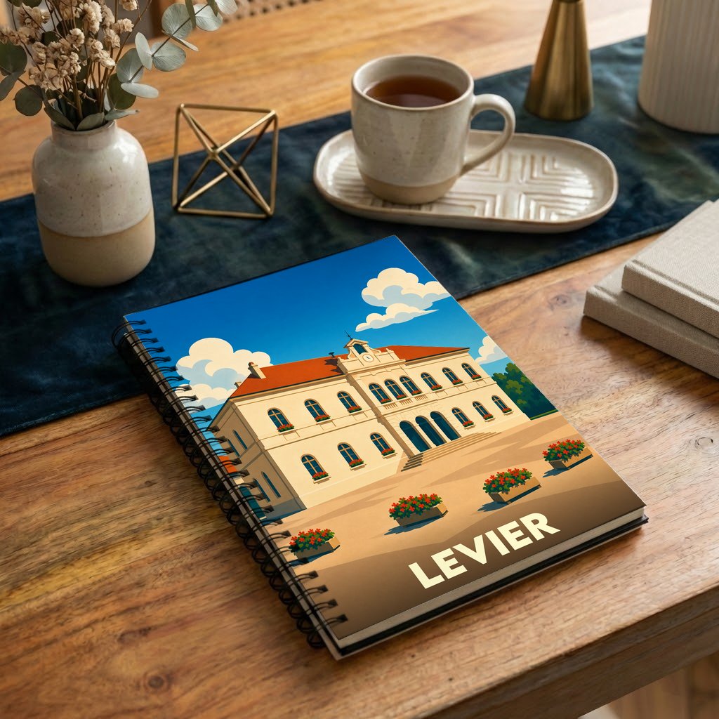 Carnet à spirales souvenir de la ville de Levier orné d'une illustration stylisée de son hôtel de ville.