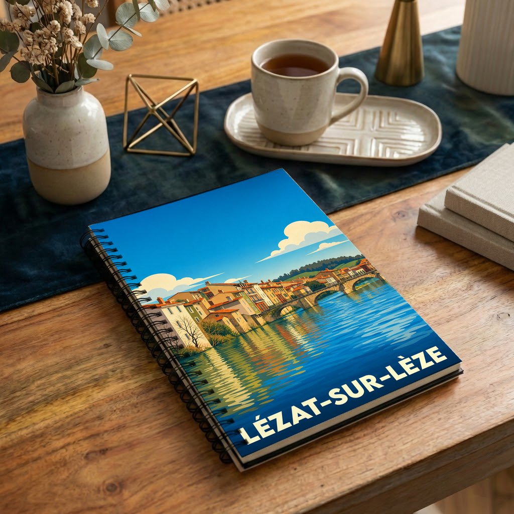 Carnet à spirales souvenir de la ville de Lézat-sur-Lèze avec une illustration stylisée.