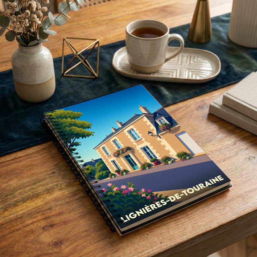 Carnet souvenir de la ville de Lignières-de-Touraine avec une illustration stylisée d'une maison tourangelle fleurie.