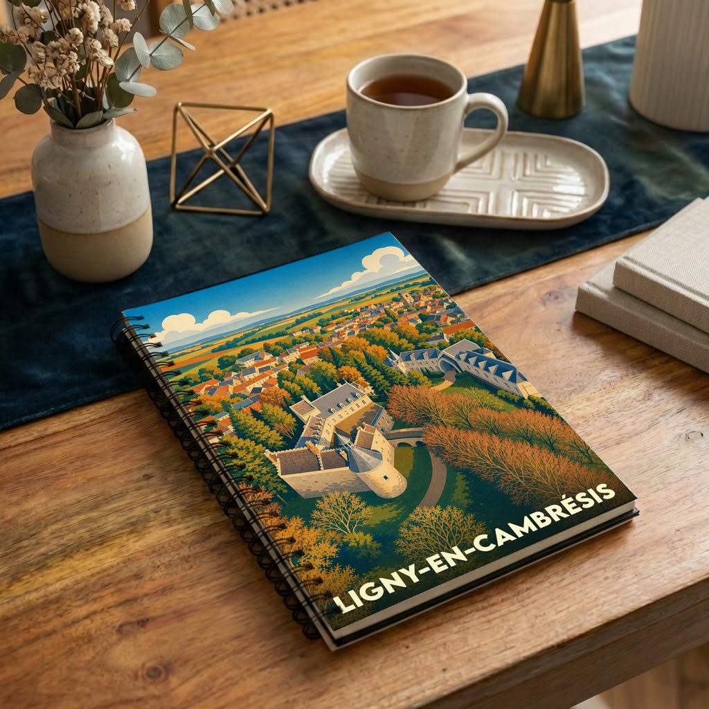 Carnet souvenir de la ville de Ligny-en-Cambrésis avec une illustration stylisée d'un château et d'un paysage automnal.