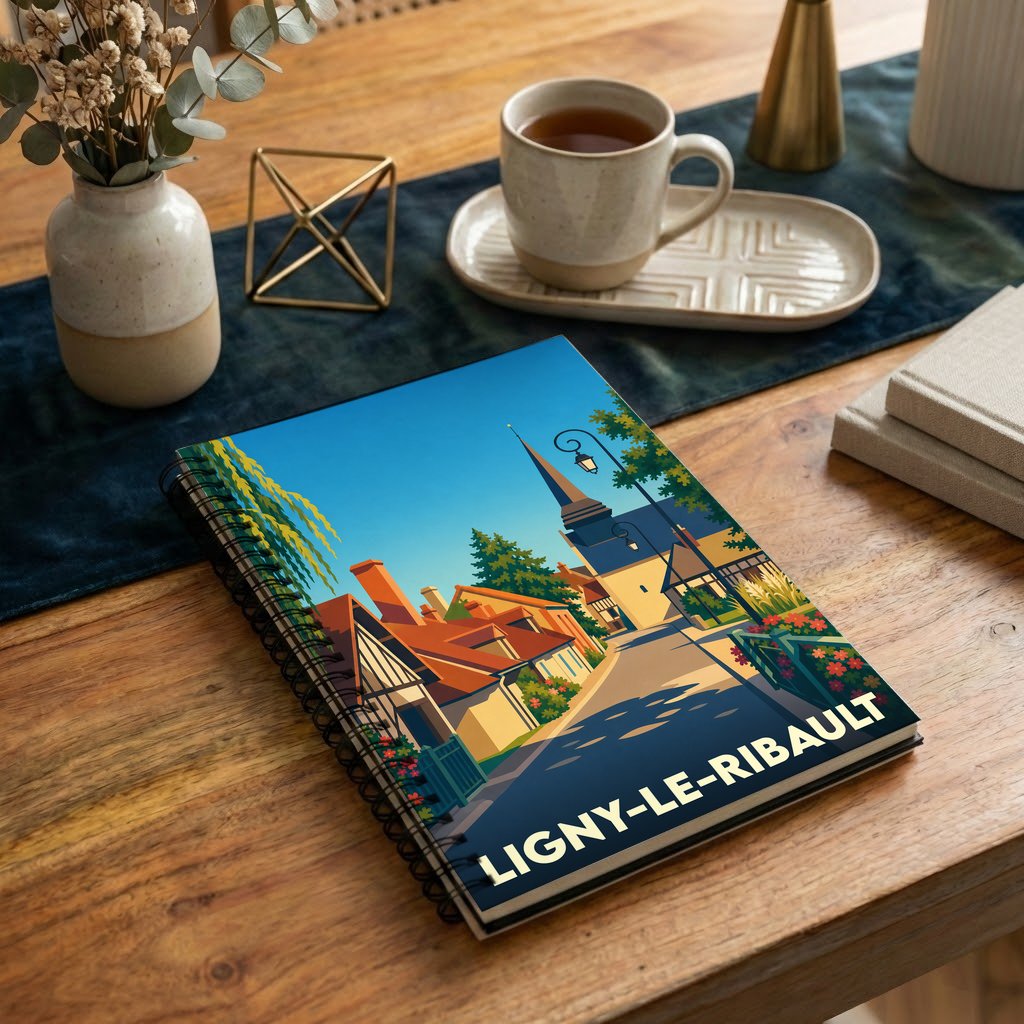 Carnet souvenir de la ville de Ligny-le-Ribault avec une illustration colorée et stylisée.