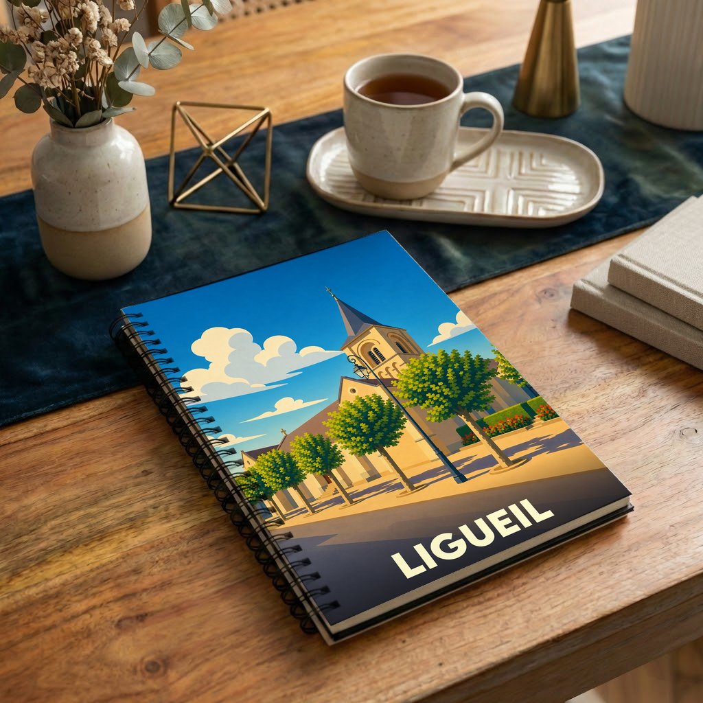 Carnet à spirale souvenir de la ville de Ligueil illustré d'un dessin stylisé de son église sous un ciel bleu.