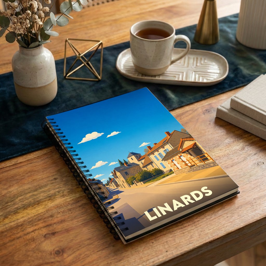 Carnet à spirales souvenir de la ville de Linards avec une illustration stylisée.