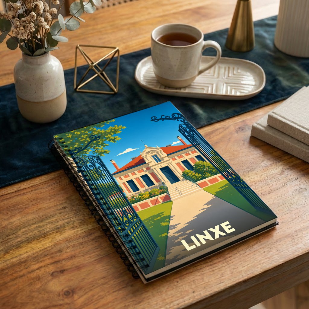 Carnet à spirales souvenir de la ville de Linxe orné d'une illustration stylisée de sa mairie.