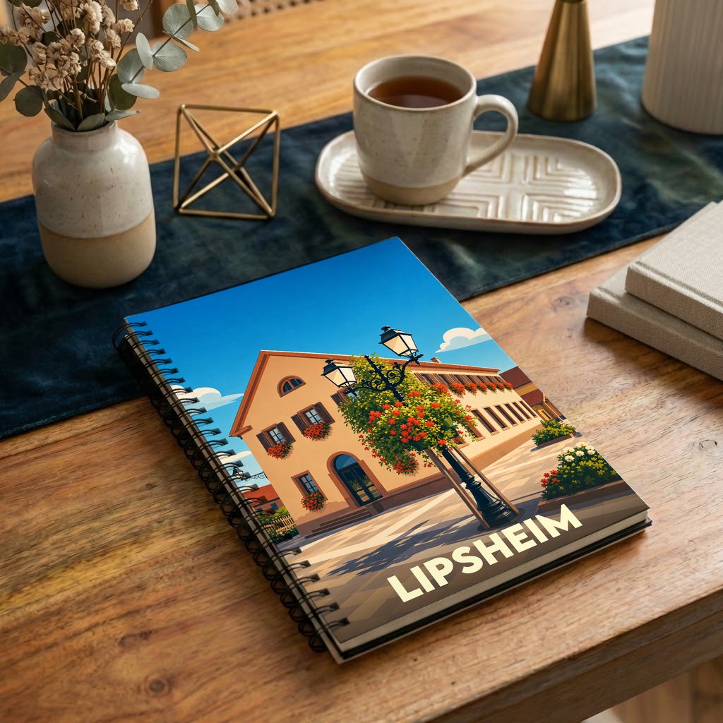 Carnet souvenir de la ville de Lipsheim avec une illustration stylisée d'une place fleurie.