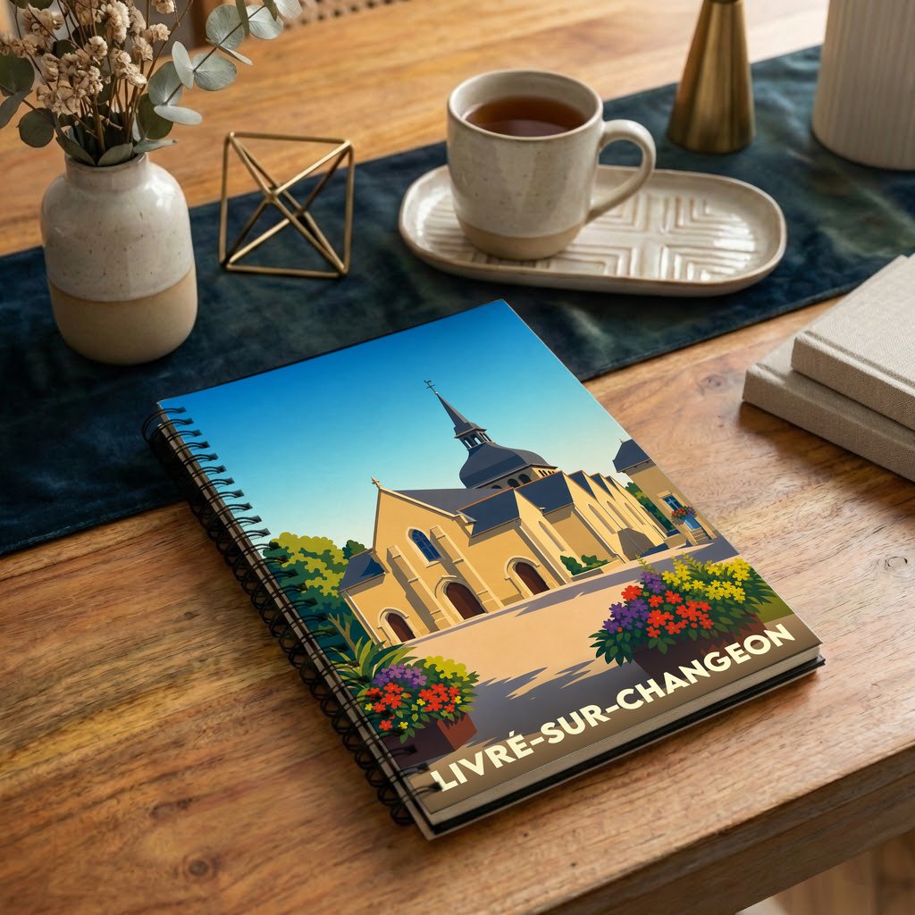Carnet souvenir de la ville de Livré-sur-Changeon avec une illustration stylisée de son église.