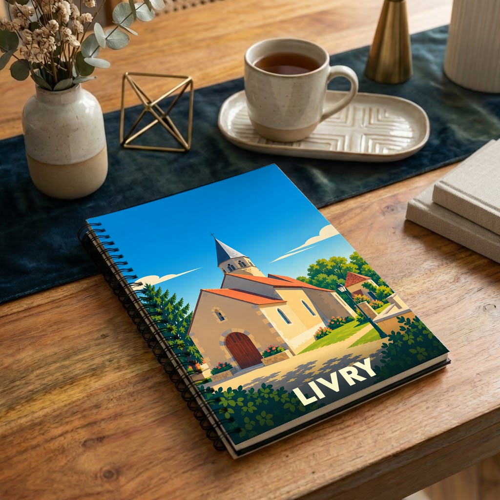 Carnet à spirales souvenir de la ville de Livry avec une illustration stylisée de son église.